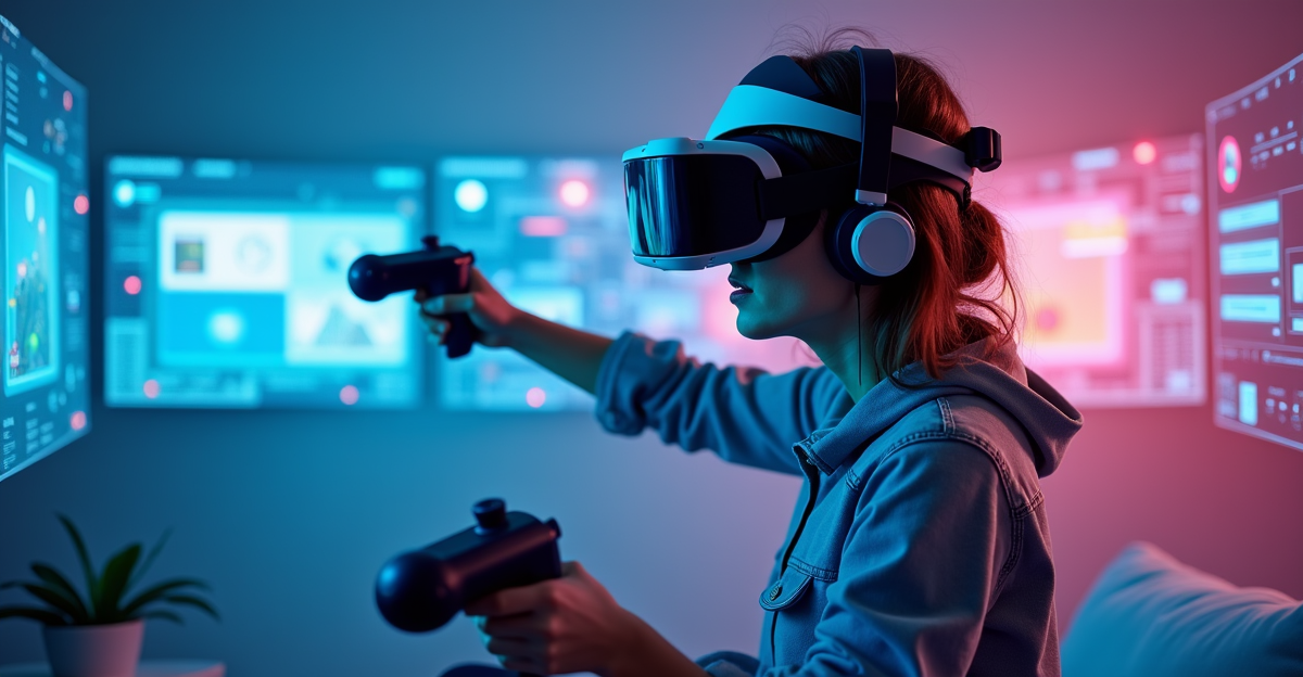 Pemain game aksi VR dengan headset canggih